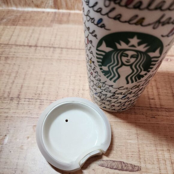 2011 STARBUCKS Falala Travel Mug Holiday Fa La La Double Wall Ceramic & Lid 12oz - Picture 5 of 11